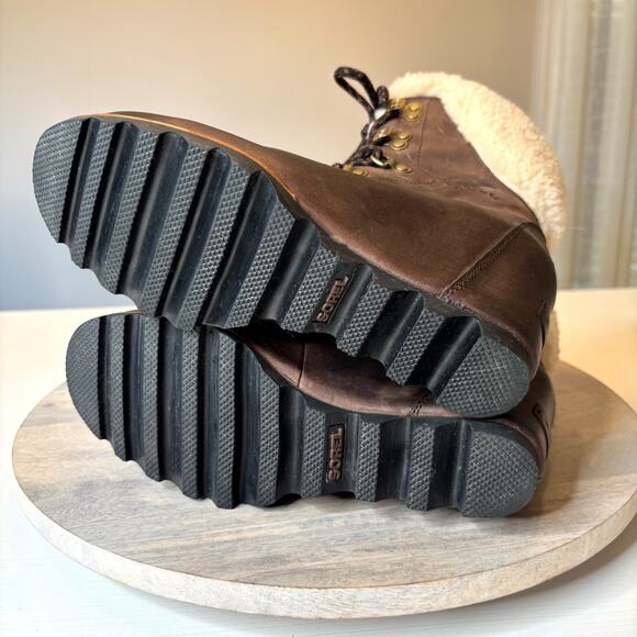 Sorel Conquest Wedge II Shearling Lace Up Boots Brown Leather Size 8 - Picture 9 of 12